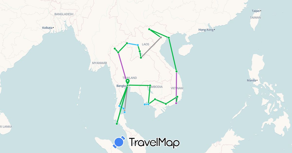 TravelMap itinerary: driving, bus, plane, train, boat in Cambodia, Laos, Thailand, Vietnam (Asia)